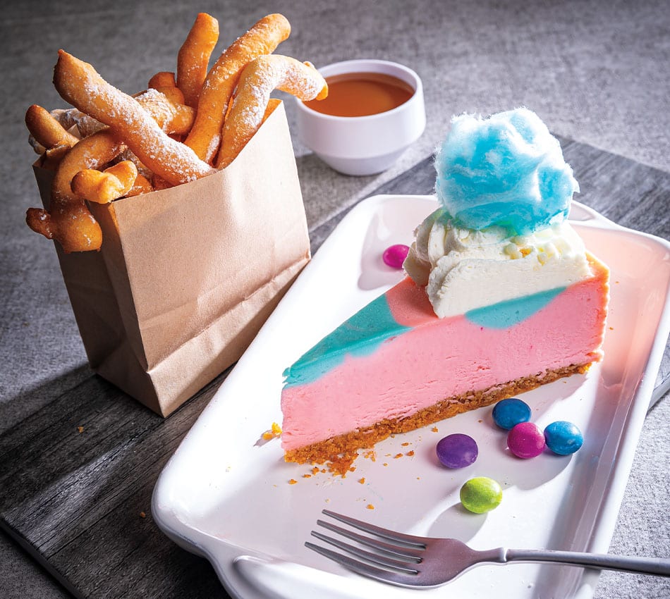 Cotton Candy Cheesecake with Funnel Cake Fries & Butterscotch Sauce